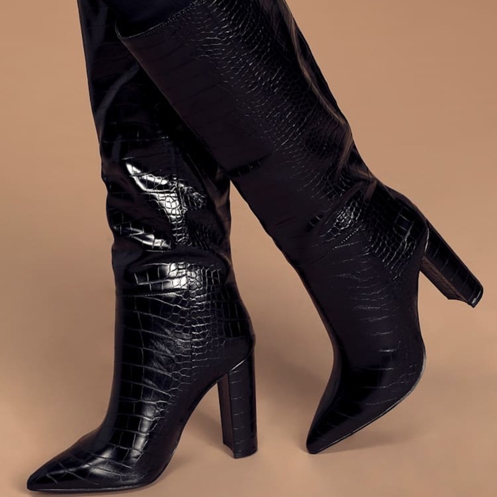 Steve Madden Triumph Black Crocodile Pointed-Toe Knee-High Boots